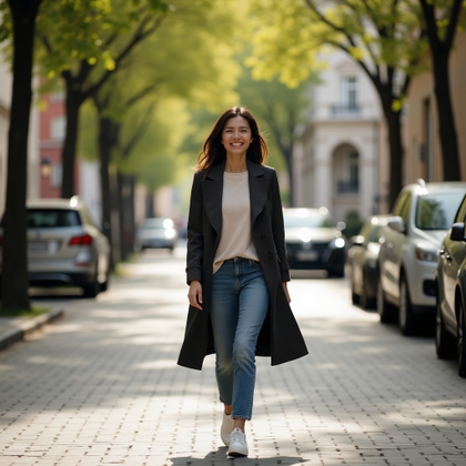 Dating profile photo, a full-body lifestyle portrait on a charming tree-lined street, with the subject walking toward the viewer in a relaxed stride and a natural smile. Style with a tasteful layered outfit and clean shoes, soft daylight, muted urban colors, elegant background architecture, and enough space around the subject to show outfit and presence.