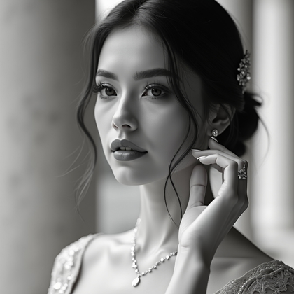 AI-generated photo: Photorealistic bridal beauty close-up in dignified black-and-white beneath a neoclassical portico, w...