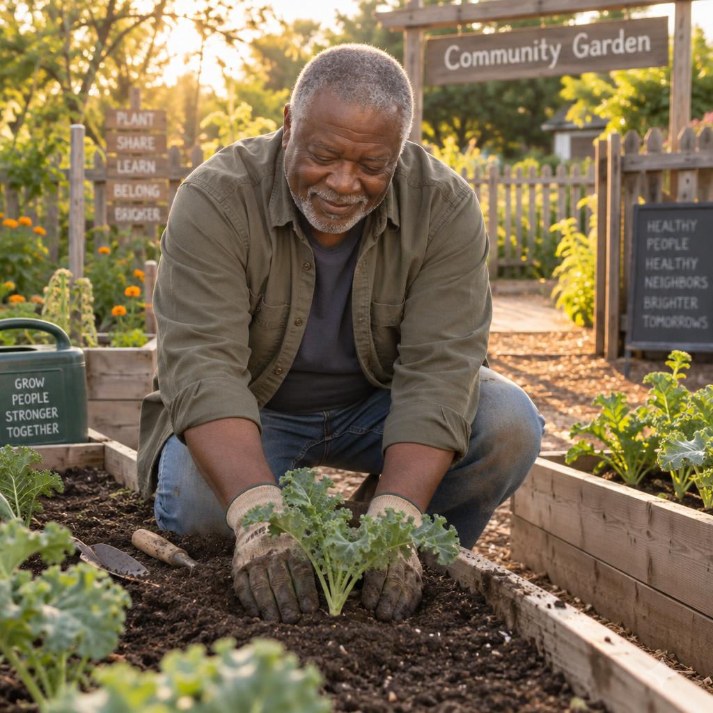 Community Garden Volunteering: Warm, eye-level photo of him kneeling between two shared raised beds, gloved hands pressing soil around a newly planted kale seedling.