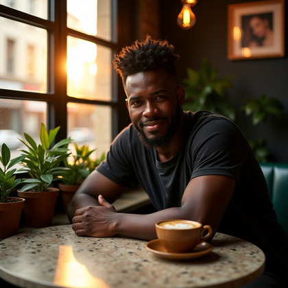 AI-generated photo: Photorealistic portrait photograph in a boutique café corner at golden hour, terrazzo tabletop and l...