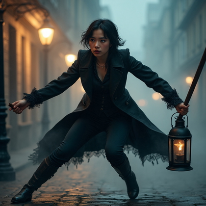 AI-generated photo: Cosplay dynamic action photo of a Victorian-era vampire slayer, clad in a dark, tailored coat with i...