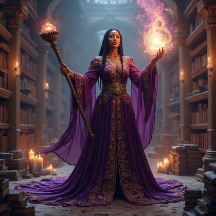 AI-generated photo: Cosplay dynamic action photo of a magical sorceress conjuring a powerful spell within an ancient, my...