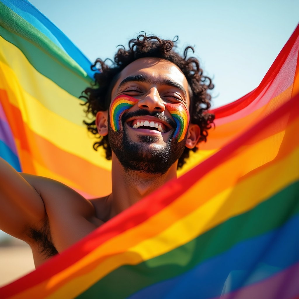 Close-Up Pride Makeup and Face Paint Portraits example: Photorealistic motion portrait photography. Dynamic portrait with the subject laughing while lifting a translucent rainb