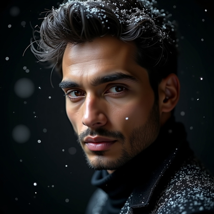 AI-generated photo: Photorealistic studio portrait photo on a deep black backdrop with theatrical artificial snow, lit i...
