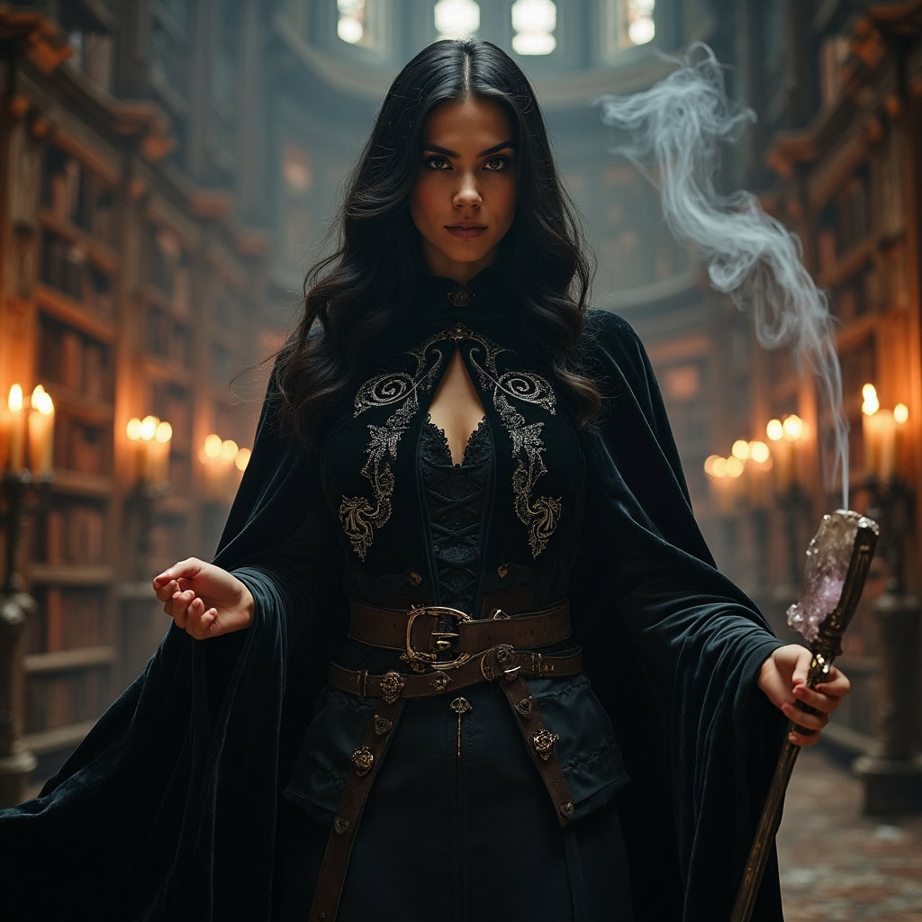 AI-generated photo: High-Impact Hero photo portraying a character in a gothic-inspired mage outfit. The costume features...