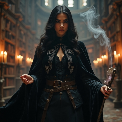 AI-generated photo: High-Impact Hero photo portraying a character in a gothic-inspired mage outfit. The costume features...