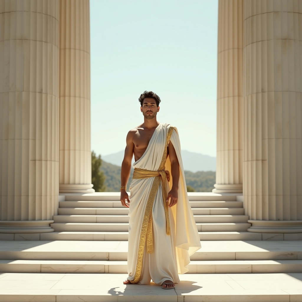 Solo Sunlit Marble Demigod Headshot example: Photorealistic Greek myth hero portrait photography. Full-body vertical portrait on broad marble temple steps, with the