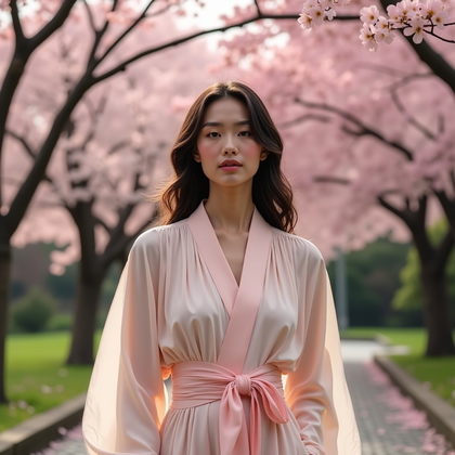 AI-generated photo: Fashion editorial photography, a solo subject captured in a cherry blossom garden during peak bloom,...