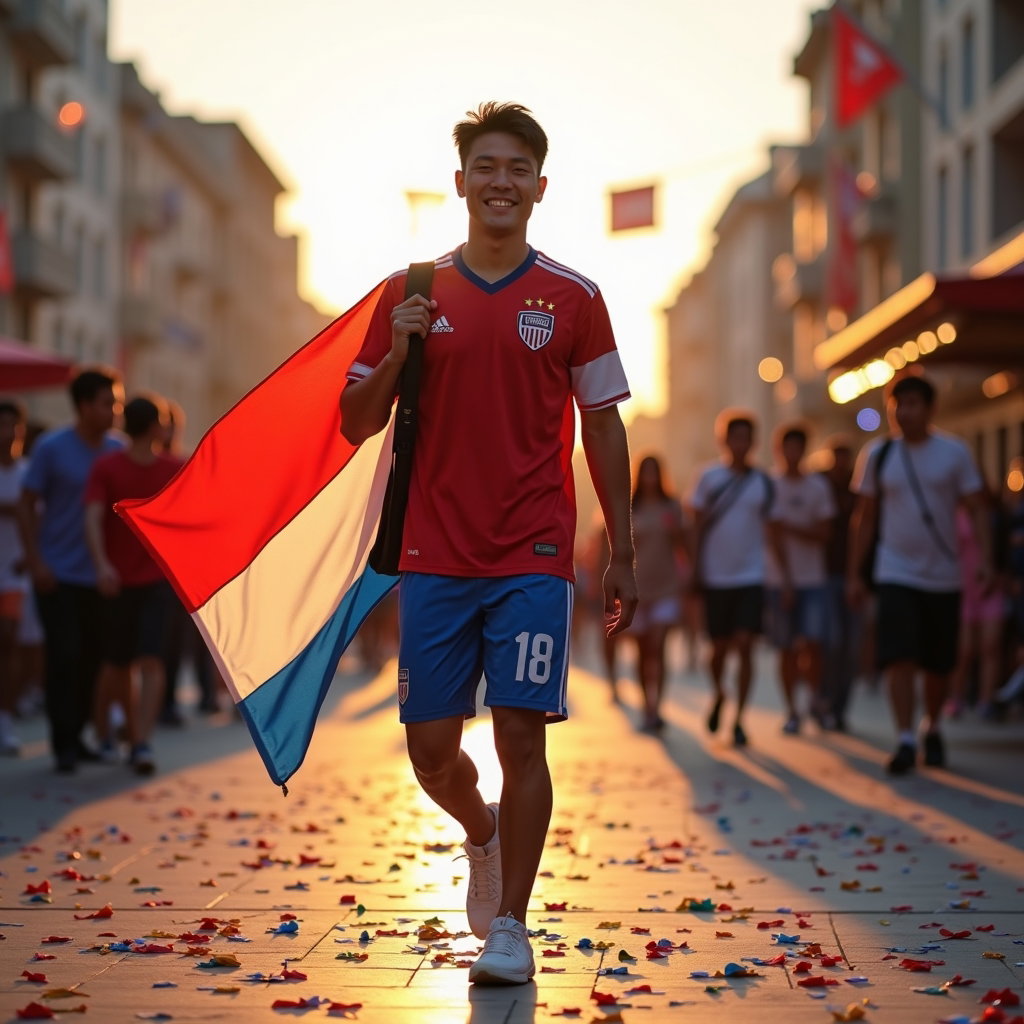 Natural Fan Portraits That Avoid Forced Poses example: Photorealistic street fan portrait photography. Full-body portrait in a fan-zone plaza, a single fan walking naturally t