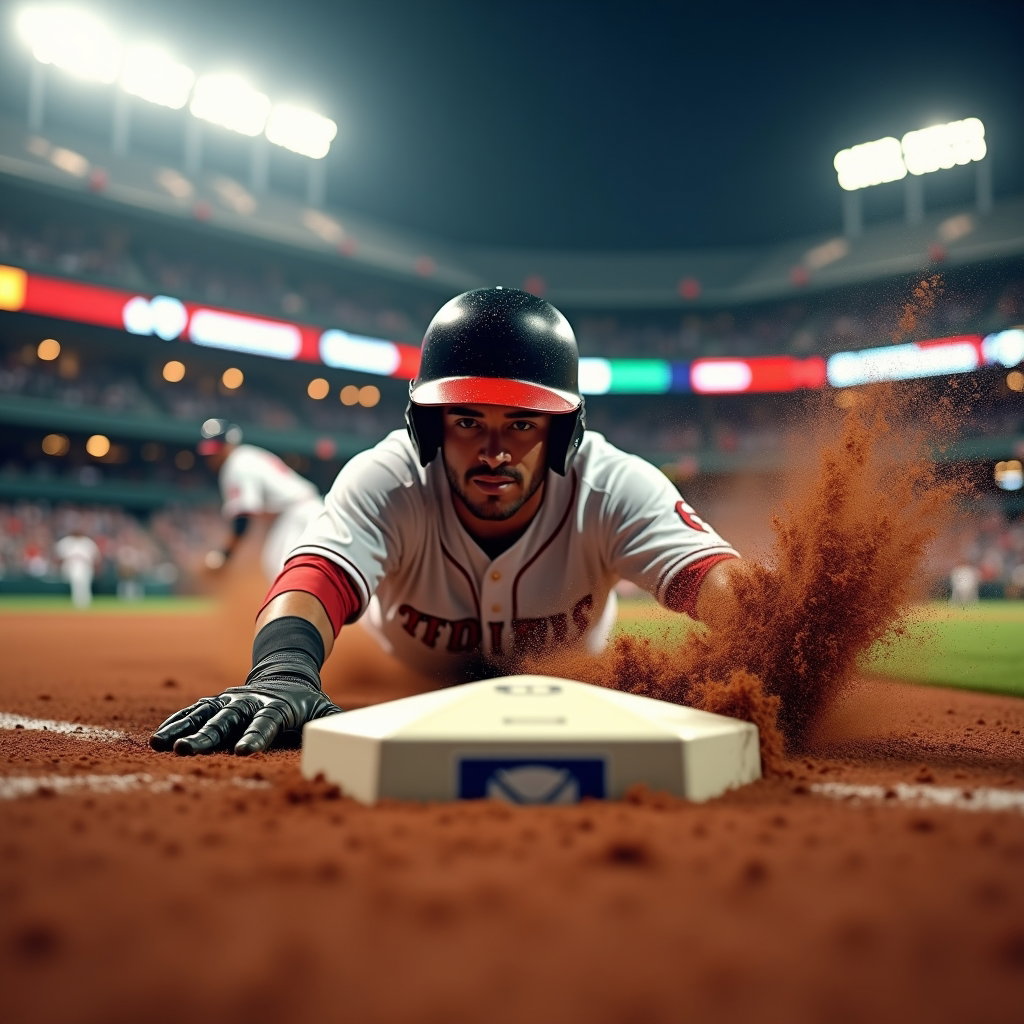 AI-generated photo: Photorealistic professional sports action photo inside a modern ballpark of a base-stealer exploding...