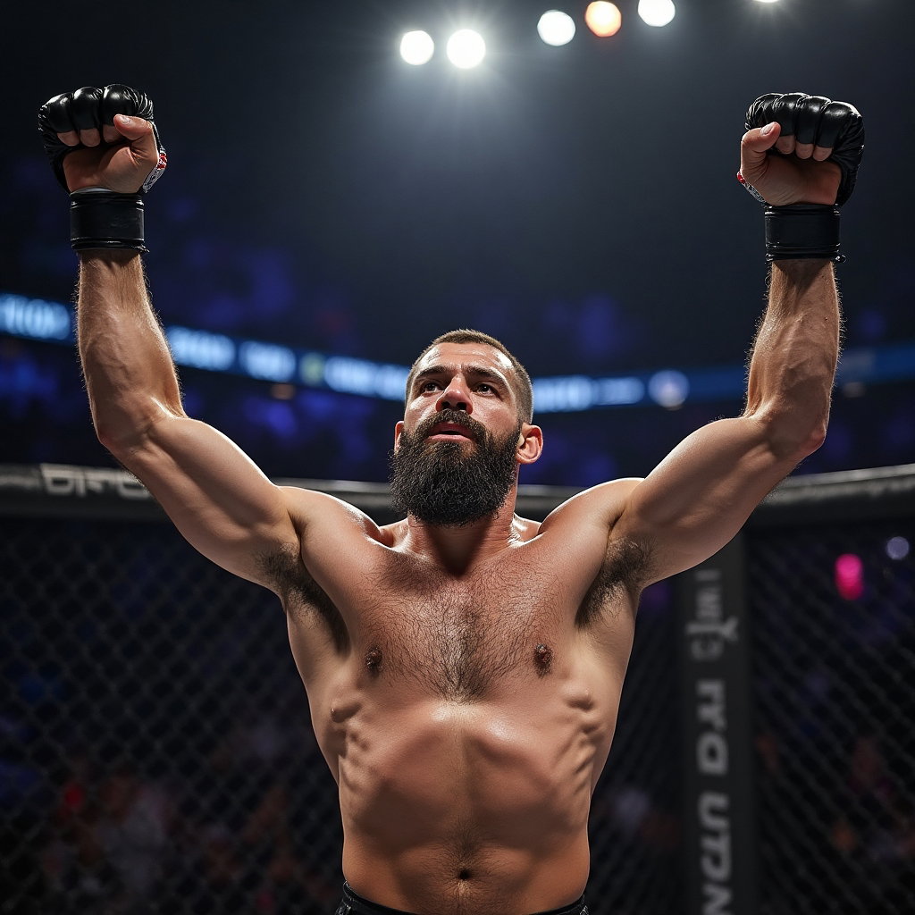 AI-generated photo: **Photorealistic professional photography.** A dramatic shot of a UFC fighter standing tall in a cor...