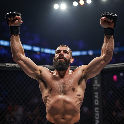 AI-generated photo: **Photorealistic professional photography.** A dramatic shot of a UFC fighter standing tall in a cor...