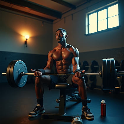 AI-generated photo: Photorealistic gym portrait photography — At a flat bench station, the barbell is racked low on benc...