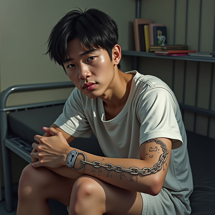 AI-generated photo: Photorealistic prison portrait photograph, the person sitting sideways on a narrow prison bunk with ...