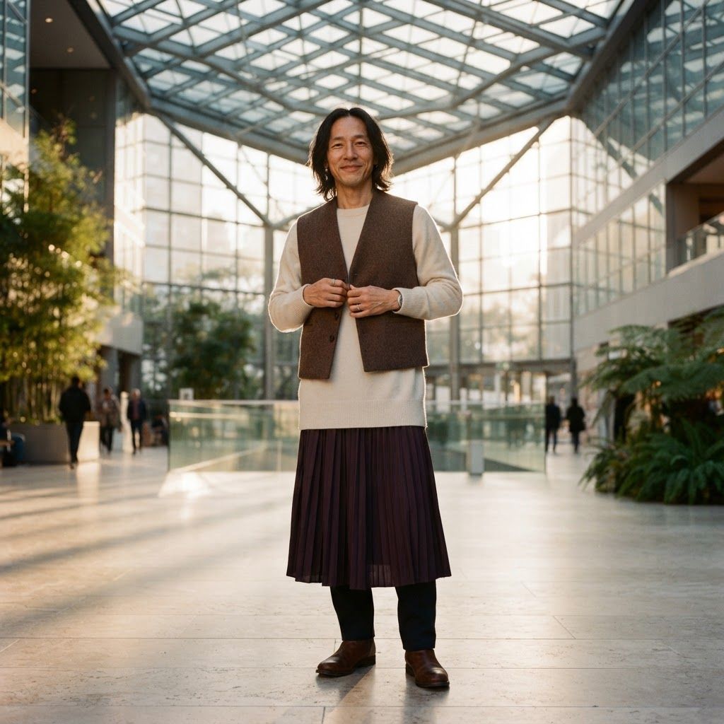 Layered Silhouette in a Glass Atrium: Solo three-quarter portrait beneath an atrium skylight, paused with one hand lightly adjusting a short chocolate-brown vest.