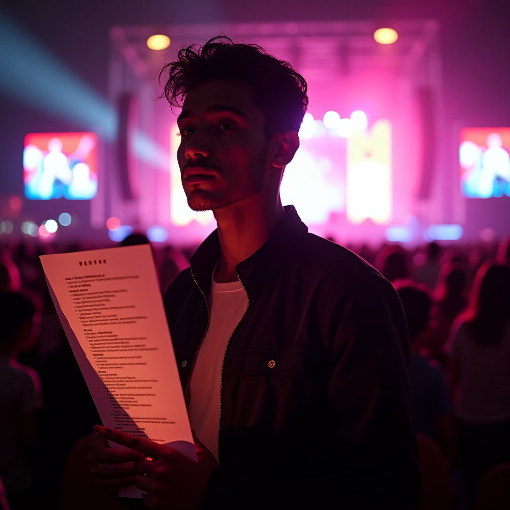 Over-the-Shoulder Setlist Moment example: Photorealistic festival portrait photography. Editorial hero image with the subject centered in a dramatic over-the-shou