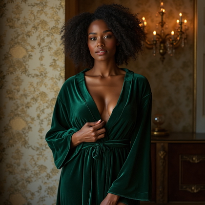 AI-generated photo: Sensual boudoir photo capturing a woman enveloped in a luxurious velvet robe in deep emerald green, ...