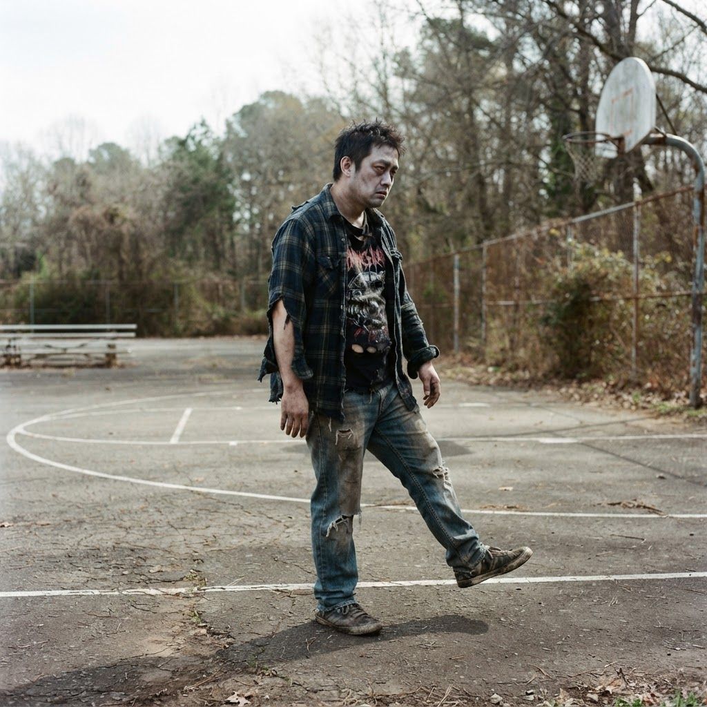 Daylight Zombie in Torn Streetwear: A full-length side view of a zombie mid-shuffle across a vacant outdoor basketball court.