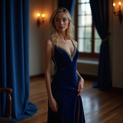 AI-generated photo: Classy and Elegant Evening Wear photo featuring a woman in a sophisticated midnight blue velvet dres...
