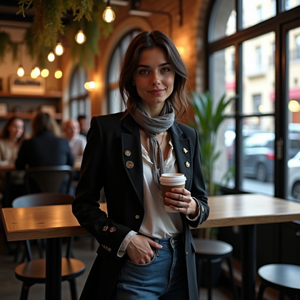 AI-generated photo: Photorealistic fashion portrait photography. A real person stands in a trendy urban café with expose...