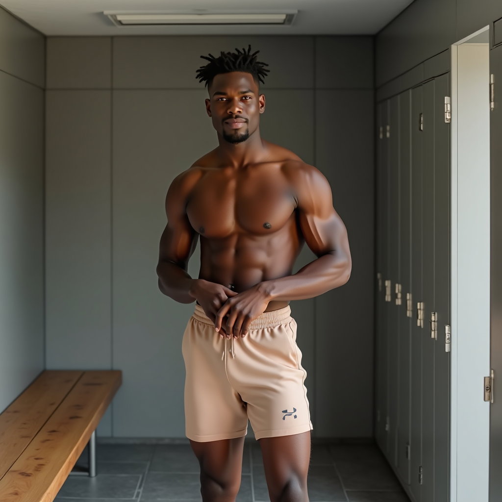AI-generated photo: Photorealistic fashion fitness photography in a sleek modern locker room with cool gray tile, a ceda...