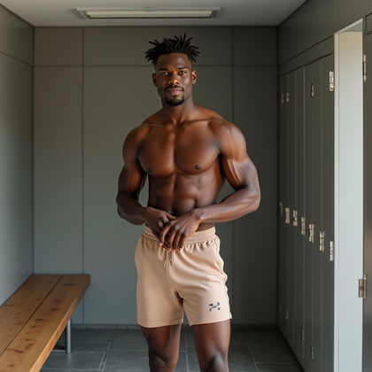 AI-generated photo: Photorealistic fashion fitness photography in a sleek modern locker room with cool gray tile, a ceda...