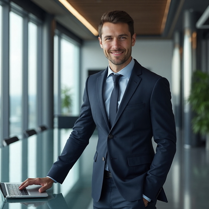 AI-generated photo: LinkedIn photo featuring a professional in a sleek, high-tech office environment. The individual is ...