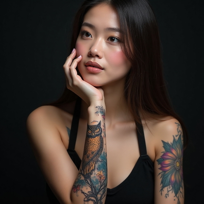 AI-generated photo: Photorealistic photography of a woman with an intricate and colorful tattoo on her forearm. The tatt...