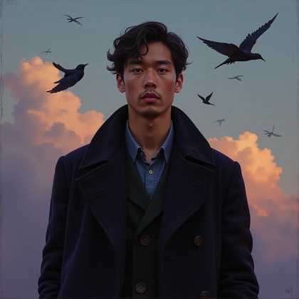 Velvet Coat Byronic Poet Portrait at Dusk example: Romantic-era oil painting. Unexpected poetic variation with the subject in a velvet coat standing before a dusk sky wher