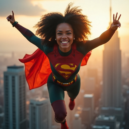 AI-generated photo: Cosplay dynamic action photo of a classic superhero in a vibrant spandex suit, adorned with a bold, ...