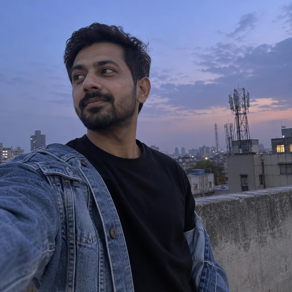 Rooftop Blue-Hour Selfie: Slightly low-angle, arm’s-length upper-body selfie beside a rooftop parapet.