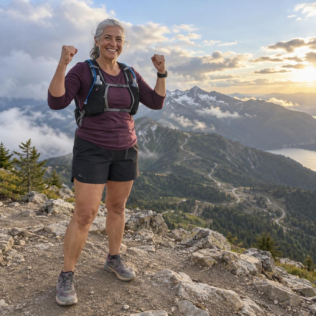Reaching A Fitness Summit: Eye-level, full-length summit portrait after a cloudy climb.