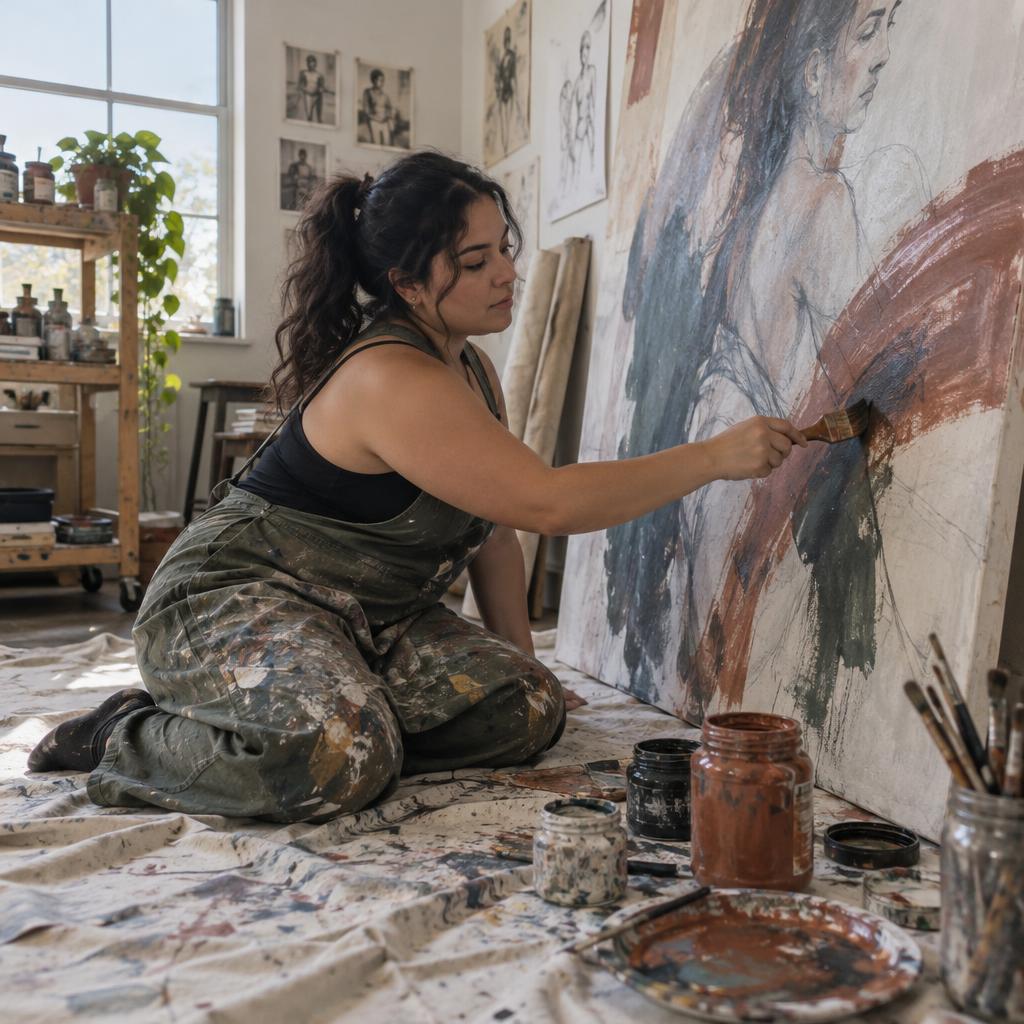 Creative Practice In A Working Studio: Floor-level candid photo of one person kneeling on a paint-spattered studio drop cloth, adding a sweeping mark to a large canvas propped…