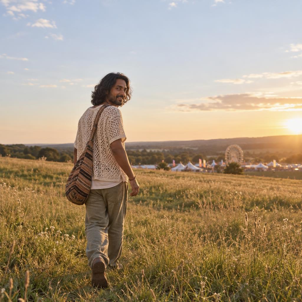 Festival Sunset Candid: Full-length three-quarter rear view of one person walking across an empty meadow, turning back mid-step with a relaxed smile.