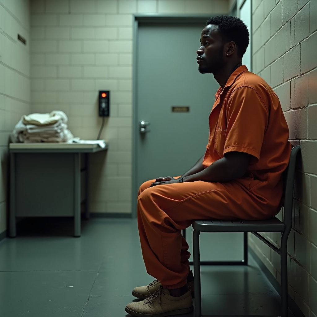 AI-generated photo: Photorealistic horizontal booking-room scene with the inmate seated on a metal bench near a cinderbl...