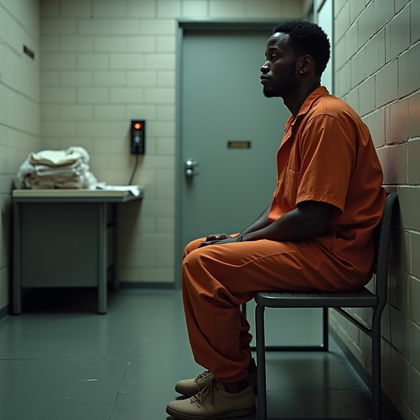AI-generated photo: Photorealistic horizontal booking-room scene with the inmate seated on a metal bench near a cinderbl...