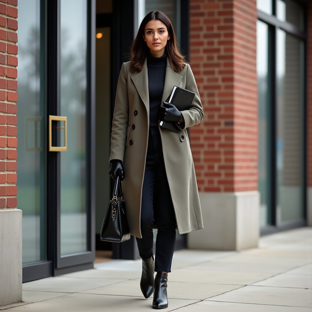 Winter Coat Arrival: Elegant sidewalk entrance portrait outside a brick professional building with a brass door handle and frosted windows; the subject walks…