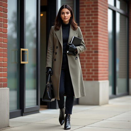 Arrivée en manteau d’hiver : portrait d’entrée élégant sur le trottoir devant un immeuble professionnel en brique avec poignée de porte en laiton et fenêtres dépolies ; la personne avance…