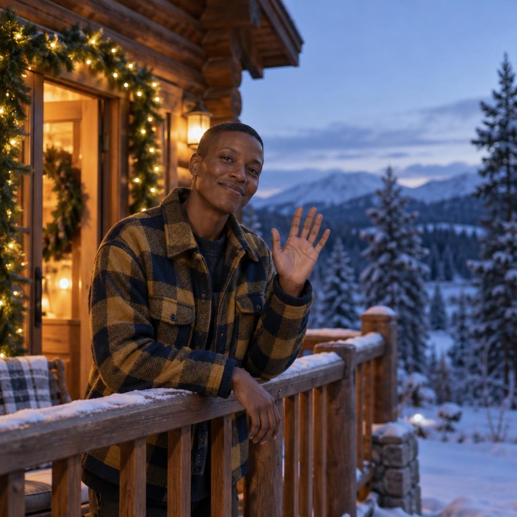 Rustic Cabin Porch Greeting: Photorealistic cabin porch photo in the soft blue light of early evening.