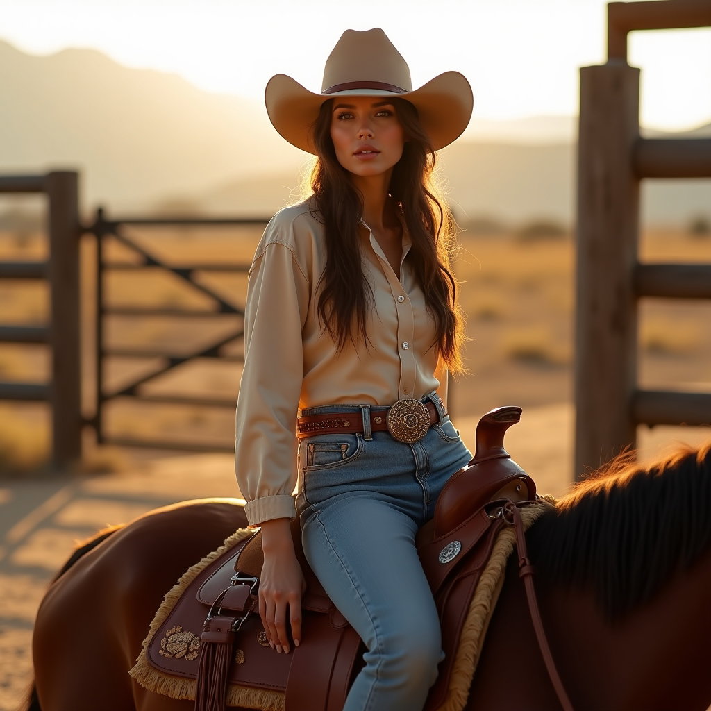 AI-generated photo: Photorealistic lifestyle fashion photography, a western-chic scene with the subject seated saddle-st...