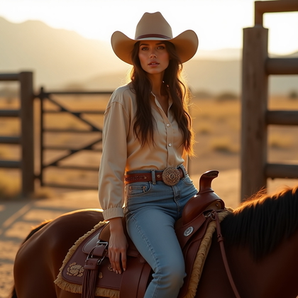 AI-generated photo: Photorealistic lifestyle fashion photography, a western-chic scene with the subject seated saddle-st...