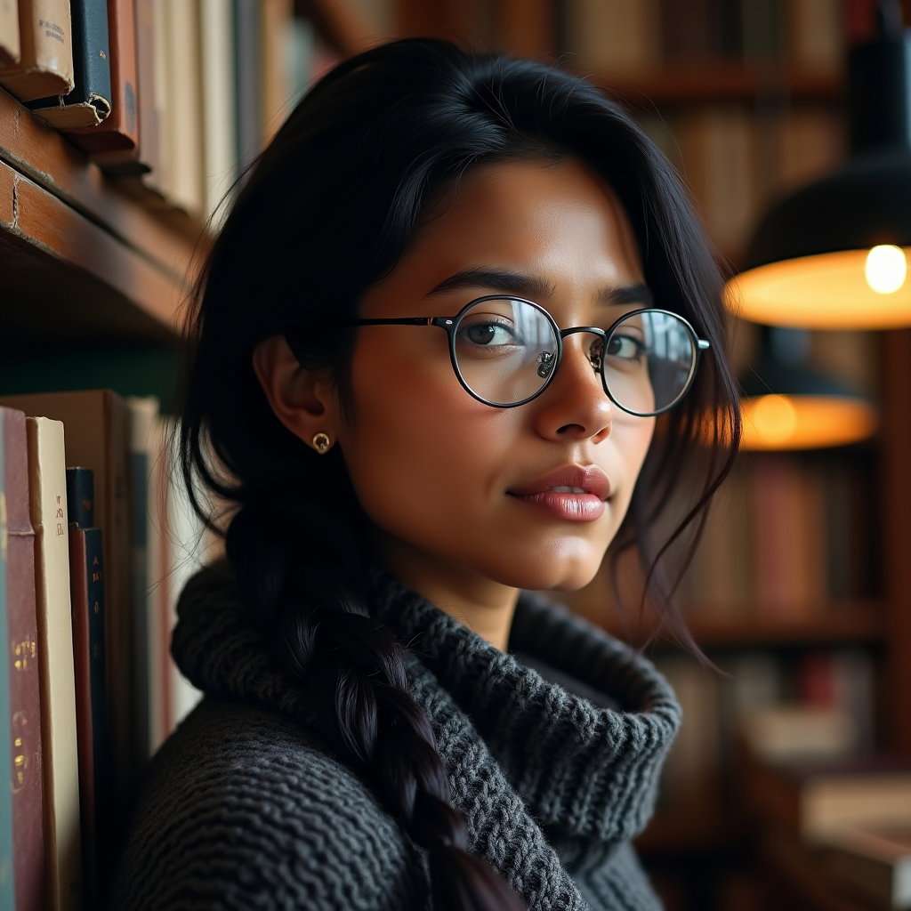 Bookstore Browse: Close side-profile portrait in an old bookstore corner, the frame filled with leaning books, paper labels, and one half-pulled volume near…