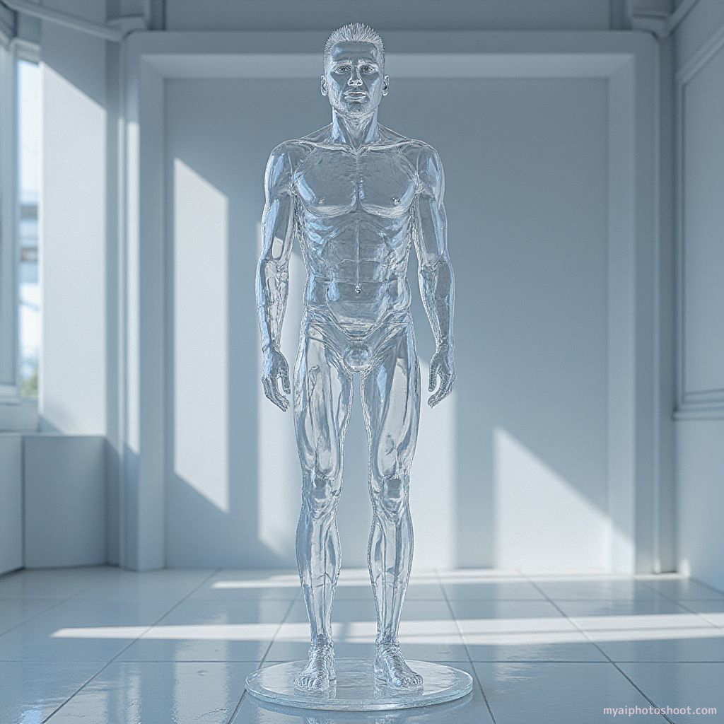 Portray me as a crystalclear glass sculpture, emphasizing elegant contours and intricate details, capturing the essence of transparency and refraction in a stunning, lifelike representation.
