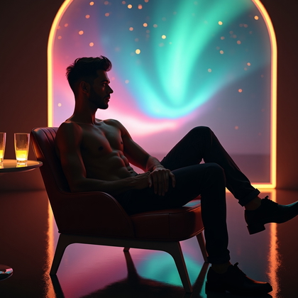 AI-generated photo: Photorealistic portrait photography. Intimate half-body hero shot in a dim, futuristic lounge with t...