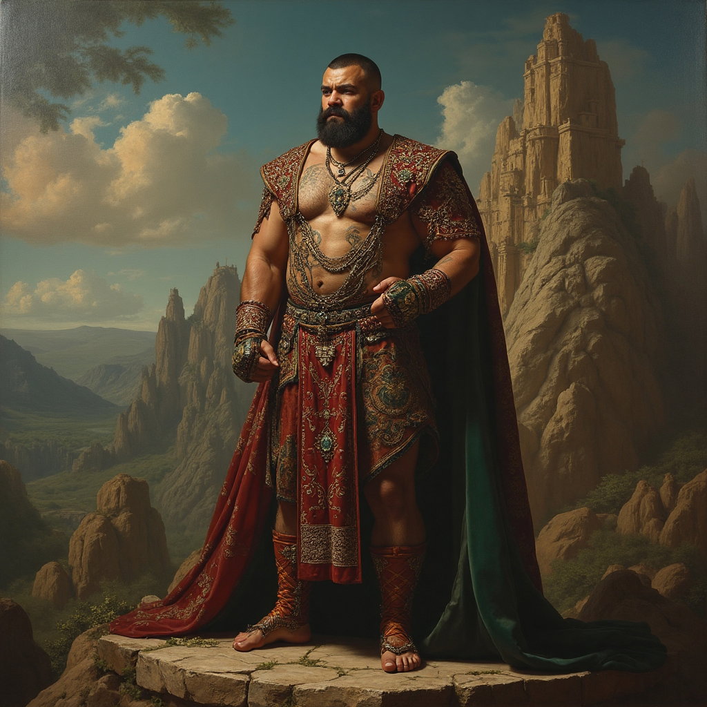 AI-generated photo: Baroque oil painting portraying a UFC fighter in a setting rich with cultural symbolism. The fighter...