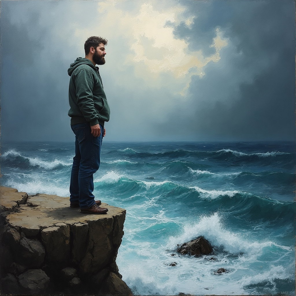 AI-generated photo: Expressionist painting. A dramatic scene of a man standing on a cliff edge, with a stormy sky stretc...