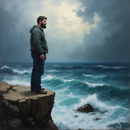 AI-generated photo: Expressionist painting. A dramatic scene of a man standing on a cliff edge, with a stormy sky stretc...