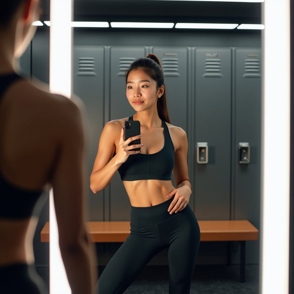 AI-generated photo: Photorealistic fitness photography of a locker-room mirror fit check with a confident S-curve stance...