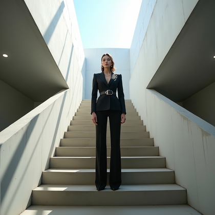 AI-generated photo: Photorealistic fashion portrait photo on a minimalist concrete staircase beneath a skylight, the sub...