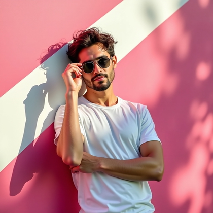 AI-generated photo: Photorealistic outdoor lifestyle portrait against a bubblegum-pink painted wall with a sharp graphic...